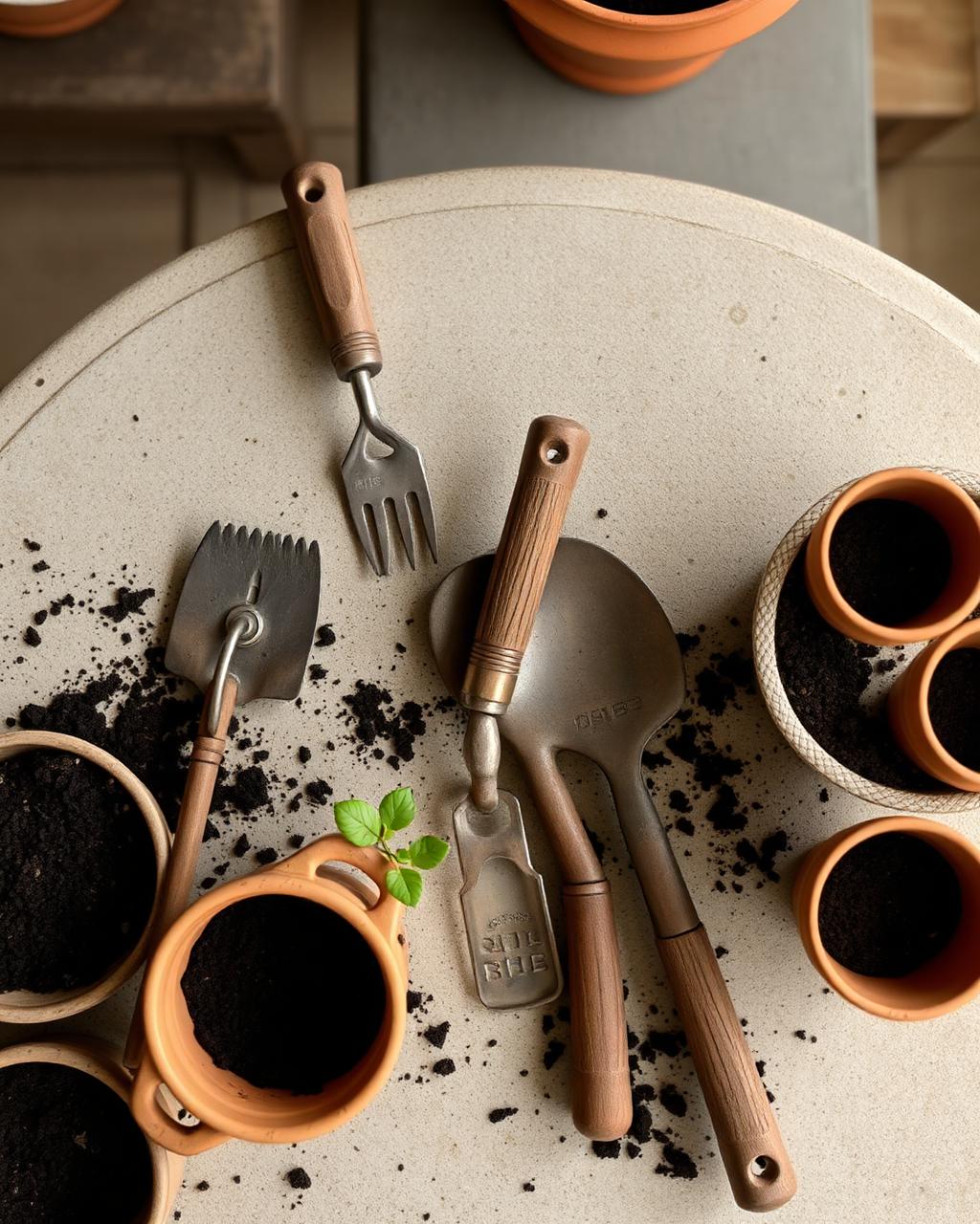 Garden tools and terracotta pots on a warm stone table
